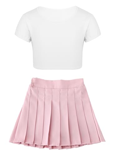 Aiihoo Mädchen Cheer Leader Kostüm Schulmädchen Uniform Crop Top Bauchfrei Oberteil Mini Rock Faltenrock Tanzrock Tanz Outfit Elfenbein Rosa 128-134 von Aiihoo