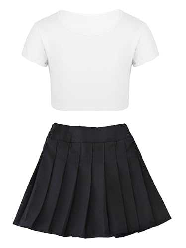 Aiihoo Mädchen Cheer Leader Kostüm Schulmädchen Uniform Crop Top Bauchfrei Oberteil Mini Rock Faltenrock Tanzrock Tanz Outfit Elfenbein Schwarz 128-134 von Aiihoo