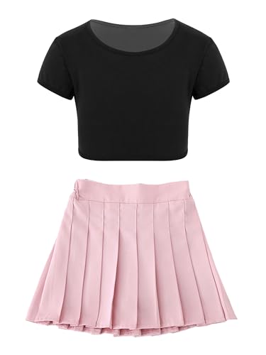 Aiihoo Mädchen Cheer Leader Kostüm Schulmädchen Uniform Crop Top Bauchfrei Oberteil Mini Rock Faltenrock Tanzrock Tanz Outfit Schwarz Rosa 104-110 von Aiihoo