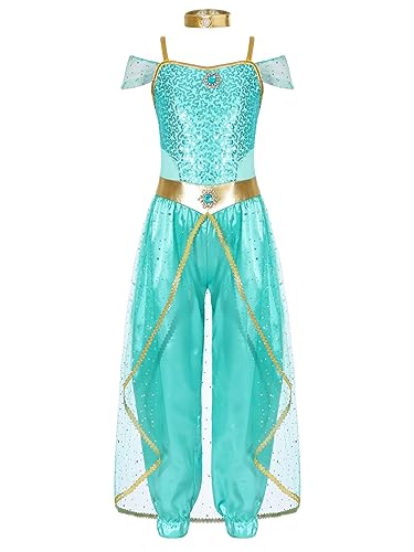 Aiihoo Mädchen Jasmin Prinzessin Kostüm Aladin Prinzessin Kleid mit Pailletten Arabische Indische Bauchtanz Kostüm Weihnachten Fasching Geburtstagsfeier Hellgrün 170-176 von Aiihoo