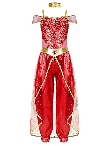 Aiihoo Mädchen Jasmin Prinzessin Kostüm Aladin Prinzessin Kleid mit Pailletten Arabische Indische Bauchtanz Kostüm Weihnachten Fasching Geburtstagsfeier Rot 158-164 von Aiihoo