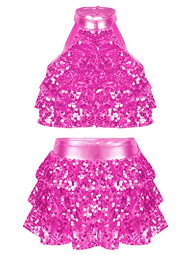 Aiihoo Mädchen Pailletten Kostüm Metallic Crop Top Tanz Oberteil + Pailletten Kurz Rock Minirock Glänzend Tanzkleidung Rave Outfit Cheer Leader Kostüm Hot Pink 98-104 von Aiihoo