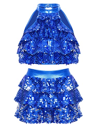 Aiihoo Mädchen Pailletten Kostüm Metallic Crop Top Tanz Oberteil + Pailletten Kurz Rock Minirock Glänzend Tanzkleidung Rave Outfit Cheer Leader Kostüm Königsblau 98-104 von Aiihoo