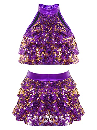 Aiihoo Mädchen Pailletten Kostüm Metallic Crop Top Tanz Oberteil + Pailletten Kurz Rock Minirock Glänzend Tanzkleidung Rave Outfit Cheer Leader Kostüm Violett 110-116 von Aiihoo