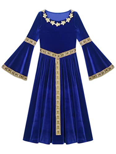 Aiihoo Mädchen Renaissance Kleid Mittelalter Kostüm mit Trompetenärmel Maxi Prinzessin Kleid Rotes Samtkleid Halloween Karneval Kostüm Partykleid Blau 158-164 von Aiihoo