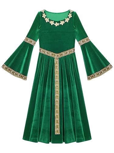 Aiihoo Mädchen Renaissance Kleid Mittelalter Kostüm mit Trompetenärmel Maxi Prinzessin Kleid Rotes Samtkleid Halloween Karneval Kostüm Partykleid Grün 158-164 von Aiihoo