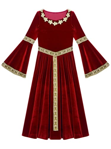 Aiihoo Mädchen Renaissance Kleid Mittelalter Kostüm mit Trompetenärmel Maxi Prinzessin Kleid Rotes Samtkleid Halloween Karneval Kostüm Partykleid Rot 158-164 von Aiihoo