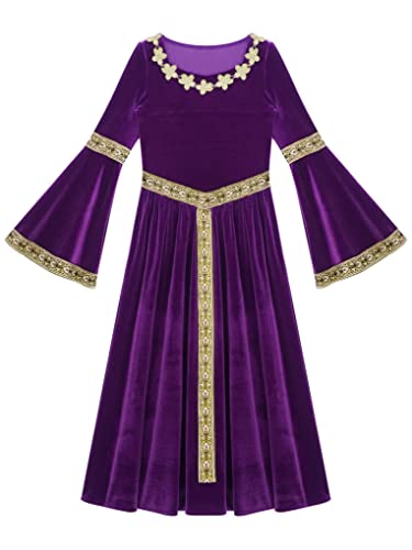 Aiihoo Mädchen Renaissance Kleid Mittelalter Kostüm mit Trompetenärmel Maxi Prinzessin Kleid Rotes Samtkleid Halloween Karneval Kostüm Partykleid Violett 158-164 von Aiihoo