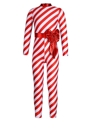 Aiihoo Mädchen Weihnachten Zuckerstangen Kostüm Streifen Gymnastikanzug mit Schleife Stehkragen Turnanzug Jumpsuit für Training Tanzkostüm A Rot 134-140 von Aiihoo