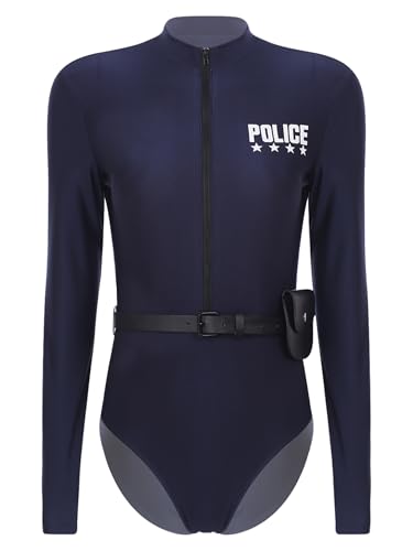 Aiihoo Polizei Kostüm Damen 3Pcs Polizistin Kostüm Outfit Einteilger Bodysuit mit Gürtel Geldbörse Langarm Catsuit Overall Halloween Fasching Kostüm Navy blau 4XL von Aiihoo