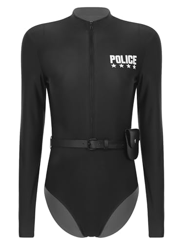 Aiihoo Polizei Kostüm Damen 3Pcs Polizistin Kostüm Outfit Einteilger Bodysuit mit Gürtel Geldbörse Langarm Catsuit Overall Halloween Fasching Kostüm Schwarz 3XL von Aiihoo