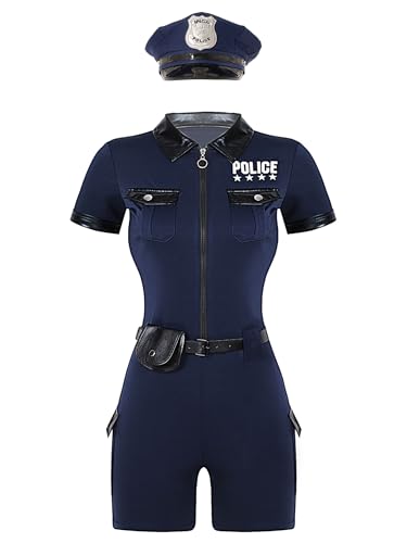 Aiihoo Polizei Kostüm Damen 4Pcs Polizistin Outfit Kurzarm Bodysuit Catsuit mit Polizeihut Gürtel Geldbörse Halloween Kostüm Faschingskostüm Navy blau 3XL von Aiihoo