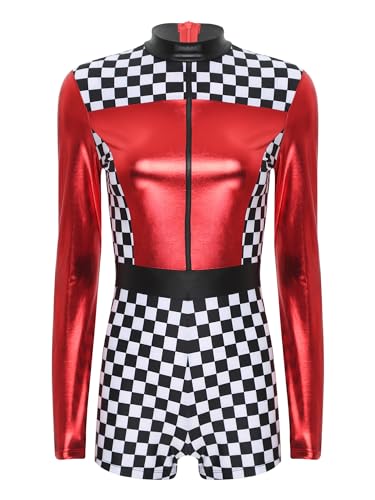 Aiihoo Rennfahrer Kostüm Damen Langarm Overall Wetlook Rennwagen Kostüm Reißverschluss Bodysuit Jumpsuit Catsuit Karneval Fasching Kostüm Rot S von Aiihoo