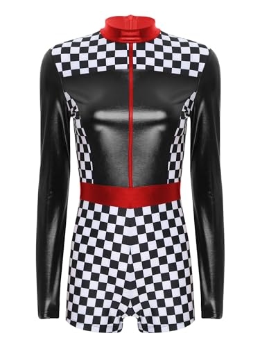 Aiihoo Rennfahrer Kostüm Damen Langarm Overall Wetlook Rennwagen Kostüm Reißverschluss Bodysuit Jumpsuit Catsuit Karneval Fasching Kostüm Schwarz L von Aiihoo