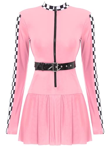 Aiihoo Rennfahrer Kostüm Damen Langarm Rennwagen Kostüm Kleid mit Reißverschluss Gürtel Minikleid Karneval Fasching Kostüm Rosa 3XL von Aiihoo