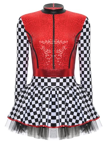 Aiihoo Rennfahrer Kostüm Damen Langarm Rennwagen Kostüm Kleid mit Reißverschluss Pailletten Rennfahrer Jumpsuit mit Rock Karneval Fasching Kostüm Rot 3XL von Aiihoo