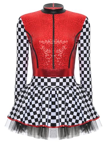 Aiihoo Rennfahrer Kostüm Damen Langarm Rennwagen Kostüm Kleid mit Reißverschluss Pailletten Rennfahrer Jumpsuit mit Rock Karneval Fasching Kostüm Rot L von Aiihoo