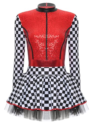 Aiihoo Rennfahrer Kostüm Damen Langarm Rennwagen Kostüm Kleid mit Reißverschluss Pailletten Rennfahrer Jumpsuit mit Rock Karneval Fasching Kostüm Rot S von Aiihoo
