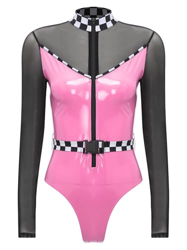 Aiihoo Rennfahrer Kostüm Damen Rennwagen Kostüm Langarm Leder Bodysuit Jumpsuit mit Reißverschluss Gürtel Rennfahrer Jumpsuit Karneval Fasching Kostüm Rosa XXL von Aiihoo