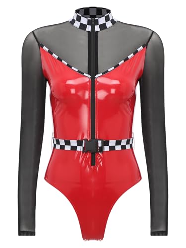 Aiihoo Rennfahrer Kostüm Damen Rennwagen Kostüm Langarm Leder Bodysuit Jumpsuit mit Reißverschluss Gürtel Rennfahrer Jumpsuit Karneval Fasching Kostüm Rot L von Aiihoo