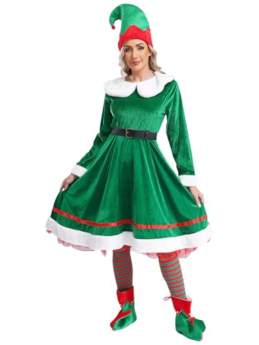 Aiihoo Weihnachtself Kostüm Damen Wichtel Kostüm Elfen Kostüm Samt Weihnachtskleid mit Elfschuhe Socken Hut Gürtel Weihnachts Party Grün 3XL von Aiihoo