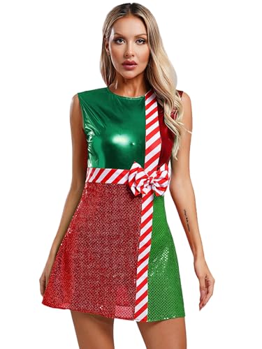 Aiihoo damen Weihnachten Kostüm Weihnachtskleid Rot Miss Santa Kleid Weihnachtsfrau Kleid Minikleid Zuckerstange Kostüm Tanzkleid Weihnachtsfeier Grün 3XL von Aiihoo