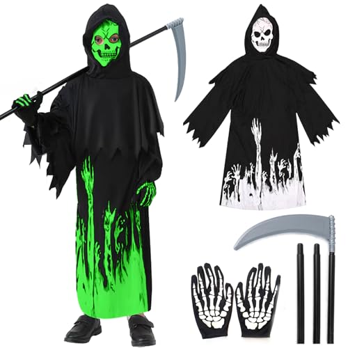 Aikooyc Sensenmann Kostüm Kinder Jungen Leuchtet 122 128 mit Sense Halloween Kostüm Sensenmann Kinder Gruselig Schwarze Robe Umhang mit Kapuze Leuchtend Sensenmann Kostüm für Kinder Halloween von Aikooyc