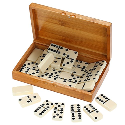 Dominosteine-Set, 28-teilig, Farbechte Punkte, Hochwertiger Kunststoff, Klingelnder Klang, Bambusbox, Freizeit-Reisespielspielzeug für Freunde von Ailgely