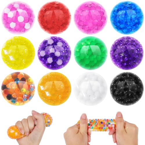 Ainiv 12 Stück Anti Stress Spielzeug Set Mesh Stressbälle Squishy Balls mit Wasser Perle Stressball zum Kneten Knetball für Hände Therapie, Squeeze Ball zum entspannen für Angst abbauen und Beruhigung von Ainiv