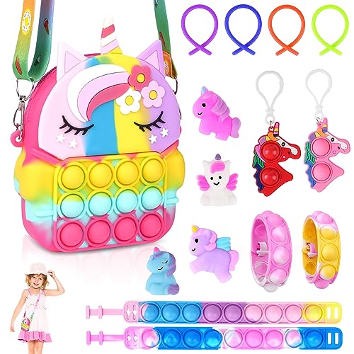 Ainiv 15PCS Fidget Set, Pop Push It Tasche Handtasche, 2 in 1 Toys Taschen Umhängetasche, Mini Silikon Schlüsselbund, Poppet Bubble Finger Autismus for ADHS Squeeze (Bunt) von Ainiv