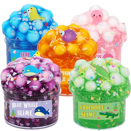 Ainiv 5 Stück Crystal Slime Kit, Ocean Clear Fluffy Slime Kit, Nicht klebrig Super Soft Stress Relief Spielzeug, Kinder Party Gunst Geburtstag Ostern Weihnachten Neujahrsgeschenk für Mädchen Jungen von Ainiv