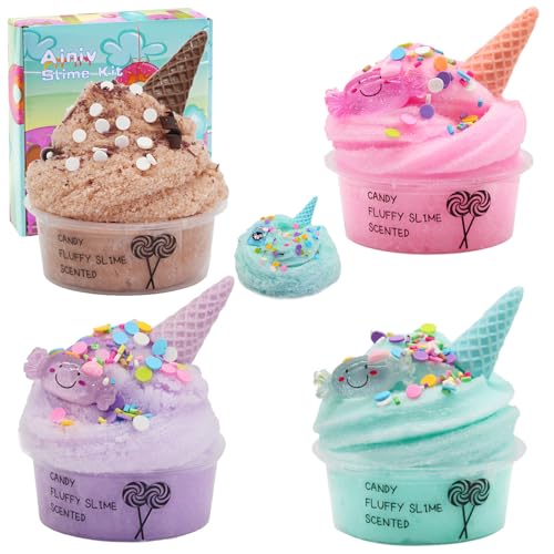 Ainiv 4PCS Candy Ice Cream Slime, Magic Slime, Bunter Schleim Kinder Putty Spielzeug Geschenke, Fluffy Glibber-Schleim, Kreativ DIY Slime weich und dehnbar Geschenk für Jungen und Mädchen Party Favor von Ainiv