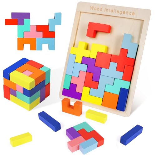 Ainiv Bunte Bausteine, Puzzle Spiel für Kinder, Holz Puzzle 30 Stück Tangram Puzzle, Kreatives Montessori Tangram Puzzle, 3D Bausteine Puzzle, Kreativ Lernspielzeug, Gehirntraining Spielzeug von Ainiv