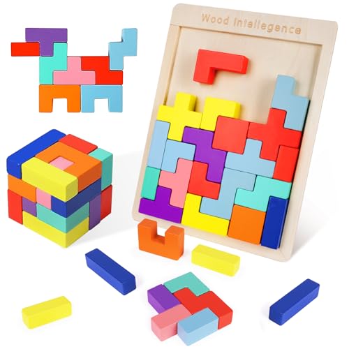 Ainiv Bunte Bausteine, Puzzle Tetris Spiel für Kinder, Holz Puzzle 30 Stück Tangram Puzzle, Kreatives Montessori Tangram Puzzle, 3D Bausteine Puzzle, Kreativ Lernspielzeug, Gehirntraining Spielzeug von Ainiv