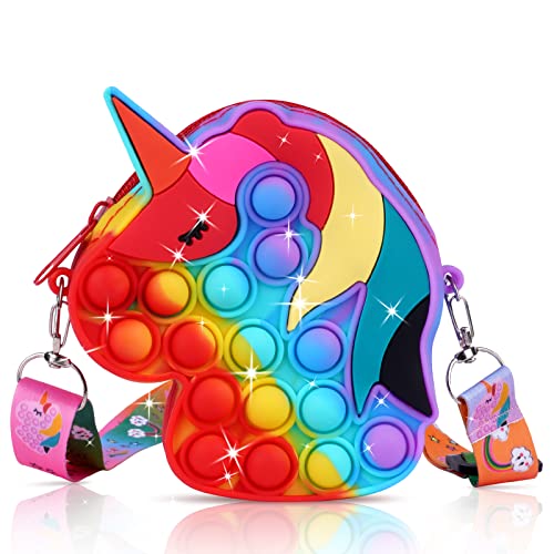 Ainiv Pop Push It Tasche Handtasche, Pop Tasche, 2 in 1 Fidget Toys Taschen Umhängetasche mit Längenverstellbarem Tragegurt, Einhorn Fidget, Anti Stress Spielzeug Schultertasche für Kinder von Ainiv