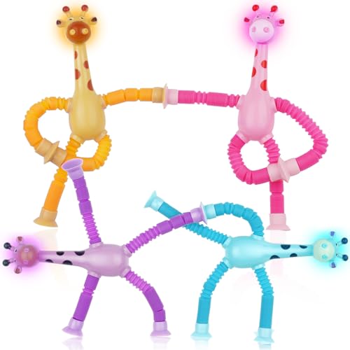 Ainiv 4 Stück Teleskop-Saugnapf-Giraffe-Spielzeug, Sensorisches Giraffen-Spielzeug mit Lichtern, Telescopic Suction Cup Giraffe Toy, Lustiges Pädagogisches Stressabbau-Spielzeug für Kinder Erwachsene von Ainiv