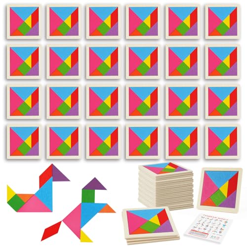 Ainiv Puzzle Spiel für Kinder, 24 Stück Tangram Holzpuzzle Kinder, Montessori Spielzeug, Fördert räumliche Vorstellungskraft und logisches Denken, Geschenk für Jungen und Mädchen von Ainiv