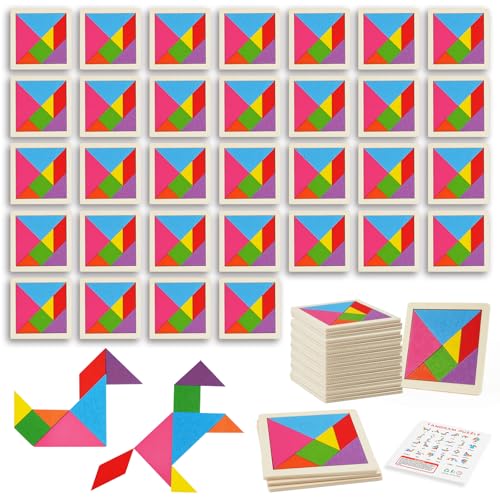 Ainiv Puzzle Spiel für Kinder, 32 Stück Tangram Holzpuzzle Kinder, Montessori Spielzeug, Fördert räumliche Vorstellungskraft und logisches Denken, Geschenk für Jungen und Mädchen von Ainiv