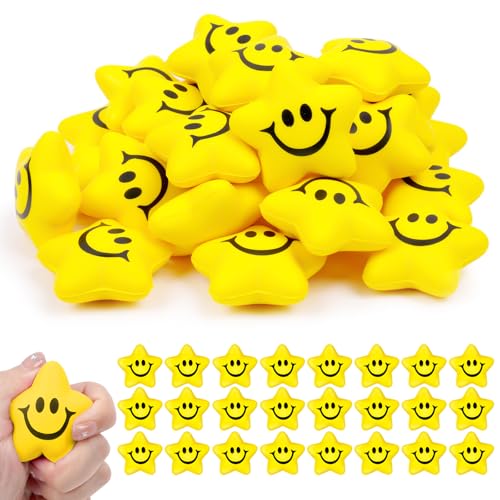 Ainiv 24 Stück Stern Lächeln Gesicht Stressbälle, 5.2cm Stern Schaum Smile Ball Sternform Stressball Relief Stern Stress Ball Lächeln Stressball für Schule Belohnung Student Party Tasche Füllstoffe von Ainiv