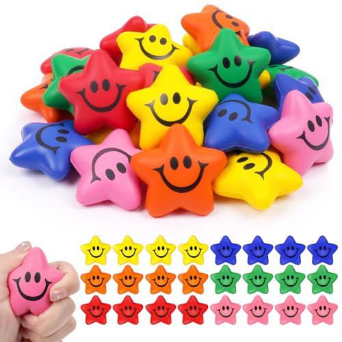 Ainiv 24 Stück Stern Lächeln Gesicht Stressbälle, 5.2cm Stern Schaum Smile Ball Sternform Stressball Relief Stern Stress Ball Lächeln Stressball für Schule Belohnung Student Party Tasche Füllstoffe von Ainiv