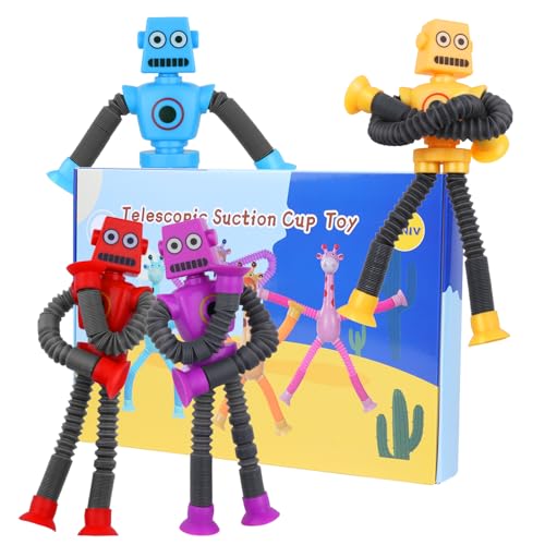 Ainiv 4 Stück Teleskop-Saugnapf Roboter Spielzeug, Sensorisches Roboter Spielzeug, Telescopic Suction Cup Roboter Toy, Lustiges Pädagogisches Stressabbau-Spielzeug für Kinder und Erwachsene von Ainiv