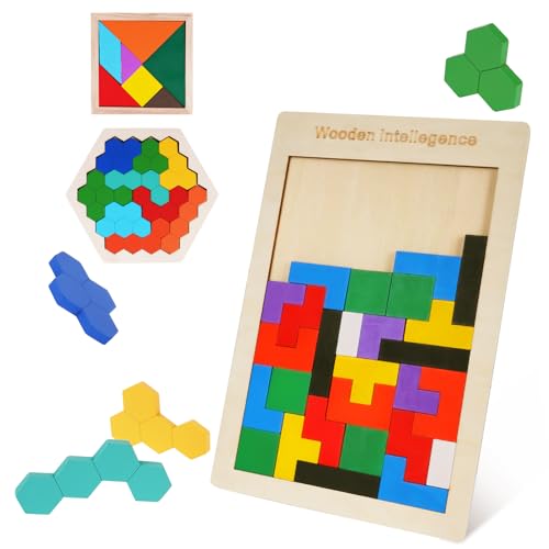 Ainiv Puzzle Tetris Spiel für Kinder, Bausteinpuzzle, 3 in 1 Tangram Holzpuzzle, Montessori Spielzeug, Fördert räumliche Vorstellungskraft und logisches Denken, Geschenk für Jungen und Mädchen von Ainiv