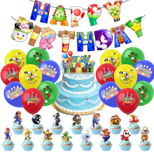 34 Stück Super Bro Geburtstagsdekorationen, Cartoon-Party-Dekorationen mit Banner, Luftballons, Kuchendekoration, Cupcake-Topper, Spielthemen-Partyzubehör für Kinder 34 Stück Super Bro Geburtstagsdekorationen, Cartoon-Party-Dekorationen mit Banner, Luftballons, Kuchendekoration, Cupcake-Topper, Spielthemen-Partyzubehör für Kinder von Ainvliya