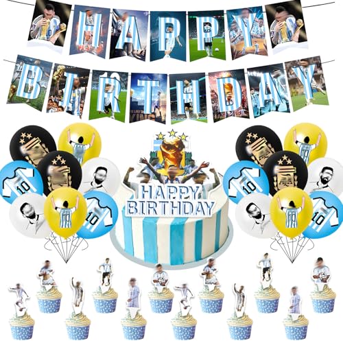 42 Stück Mesi-Geburtstagsdekorationen, Fußballstern-Geburtstagsparty-Dekorationen, Fußballstar-Partyzubehör mit 1 Geburtstagsbanner, 16 Luftballons, 25 Kuchenaufsätzen 42 Stück Mesi-Geburtstagsdekorationen, Fußballstern-Geburtstagsparty-Dekorationen, Fußballstar-Partyzubehör mit 1 Geburtstagsbanner, 16 Luftballons, 25 Kuchenaufsätzen von Ainvliya