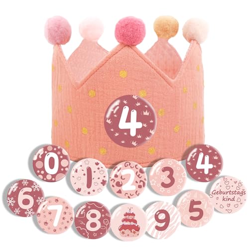 Ainvliya Happy Birthday Girlande Crown, Geburtstagskrone Musselin, Haarschmuck Kinder, Krone Geburtstag für Jungs Mädchen, Partyhütege und Auswechselbaren Zahlen von 0-9 für den Kindergeburtstag pink von Ainvliya