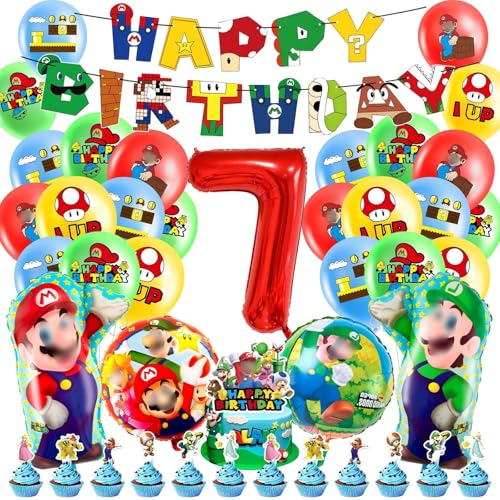 Geburtstagsdeko 7 Jahre Super Luftballons Jungen Mädchen- Kindergeburtstag Deko Bros Folienballon Happy Birthday Geburtstag Balloon Partyzubehör für Kinder Theme Party Geburtstag Supplies Ballon von Ainvliya