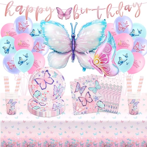 Schmetterling Geburtstag Deko Kindergeburtstag Geschirr Mädchen-102Pcs Schmetterlinge Partygeschirr Set mit Luftballon Balloon Geburtstagsdeko Girlande Pappteller Tortendeko Party Deko für 20 Gäste von Ainvliya