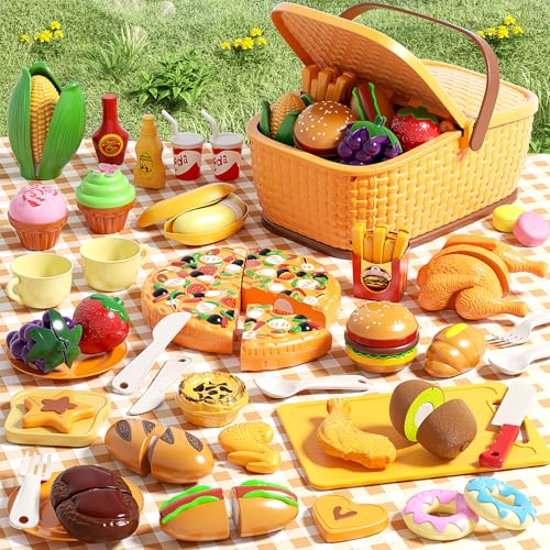 AIQI Spielküche Zubehör für Kinder, 80PCS Küchenspielzeug Schneiden Obst Gemüse Lebensmittel Fast Food mit Picknickkorb, Küche Spielzeug Lernspielzeug Geschenk für Kinder ab 3 4 5 6 7 8 9 Jahre von Aiqi