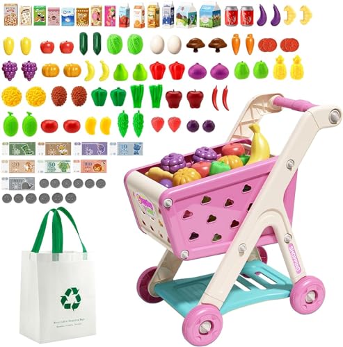 Aiqi Kinder Einkaufswagen Spielset, Zubehör für die Kaufladen 98 Stück mit Spielzeug Einkaufstasche, Lebensmittelgeschäft Rollenspiel Spielset Küche Spielzeug Geschenk für Jungen und Mädchen ab 3 von Aiqi