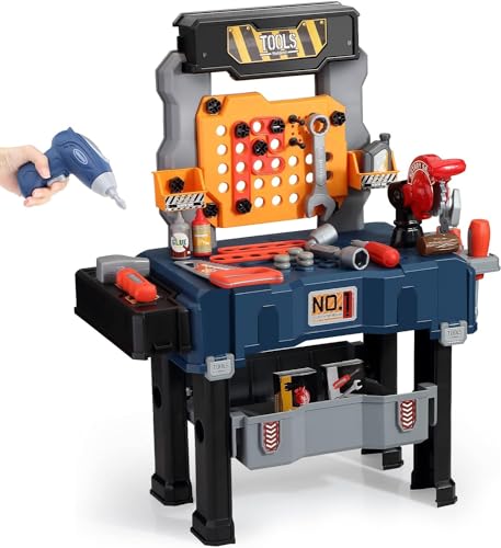 AIQI Werkbank Kinder Werkzeug, 68-teilig transformierbares Werkzeugkoffer Set mit simulierter Bohrmaschine, Kinderwerkzeugkasten Rollenspiel Lernspiel Geschenk für Jungen und Mädchen 3-8 Jahren von Aiqi